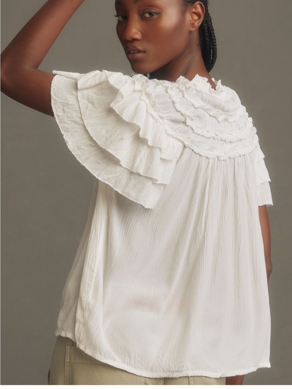 Anthropologie Maeve Short Sleeve Ruffle Yoke Blouse White - Picture 2 of 9